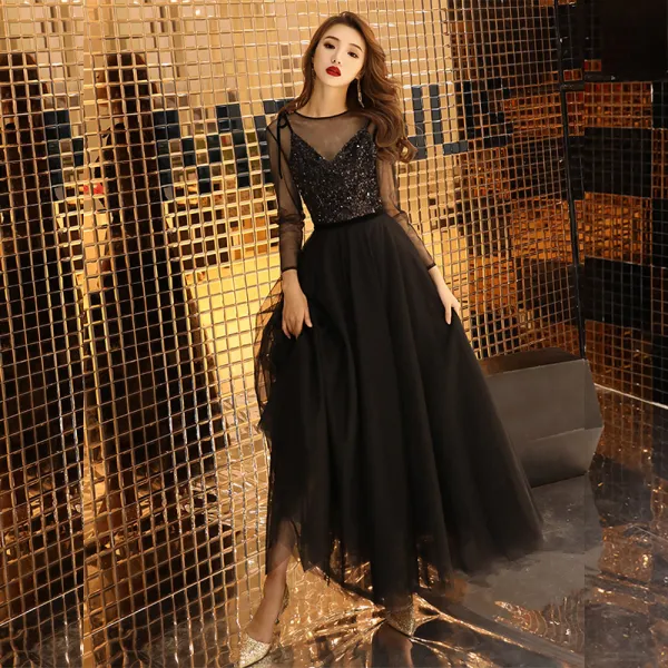 Affordable Black See-through Prom Dresses 2019 A-Line / Princess Scoop Neck Long Sleeve Glitter Sequins Ankle Length Ruffle Formal Dresses