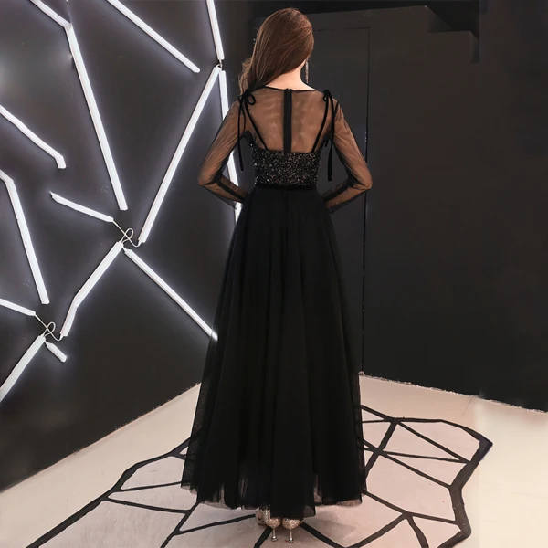 Affordable Black See-through Prom Dresses 2019 A-Line / Princess Scoop Neck Long Sleeve Glitter Sequins Ankle Length Ruffle Formal Dresses