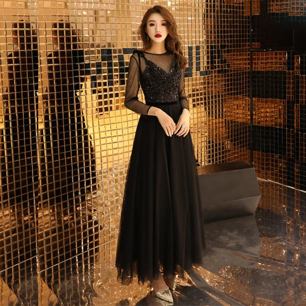 Affordable Black See-through Prom Dresses 2019 A-Line / Princess Scoop Neck Long Sleeve Glitter Sequins Ankle Length Ruffle Formal Dresses