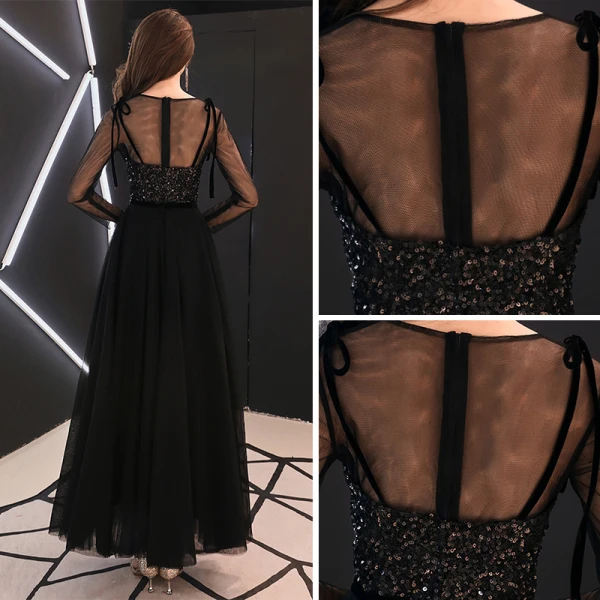 Affordable Black See-through Prom Dresses 2019 A-Line / Princess Scoop Neck Long Sleeve Glitter Sequins Ankle Length Ruffle Formal Dresses