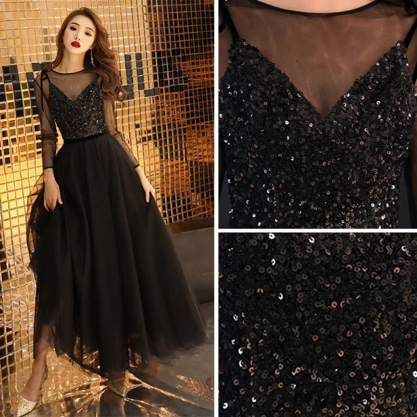 Affordable Black See-through Prom Dresses 2019 A-Line / Princess Scoop Neck Long Sleeve Glitter Sequins Ankle Length Ruffle Formal Dresses