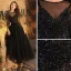 Affordable Black See-through Prom Dresses 2019 A-Line / Princess Scoop Neck Long Sleeve Glitter Sequins Ankle Length Ruffle Formal Dresses
