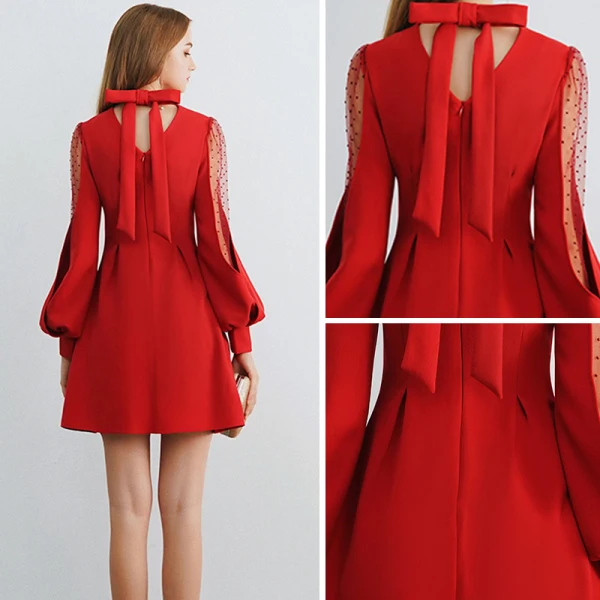 Modest / Simple Burgundy See-through Homecoming Graduation Dresses 2019 A-Line / Princess High Neck Puffy Long Sleeve Short Ruffle Backless Formal Dresses