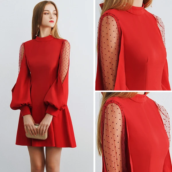 Modest / Simple Burgundy See-through Homecoming Graduation Dresses 2019 A-Line / Princess High Neck Puffy Long Sleeve Short Ruffle Backless Formal Dresses
