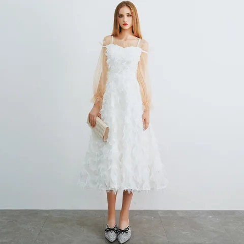 Schöne Ivory / Creme Heimkehr Abiballkleider 2019 A Linie Off Shoulder Spaghettiträger Geschwollenes Lange Ärmel Applikationen Spitze Wadenlang Rückenfreies Festliche Kleider