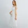 Chic / Beautiful Ivory Homecoming Graduation Dresses 2019 A-Line / Princess Off-The-Shoulder Spaghetti Straps Puffy Long Sleeve Appliques Lace Tea-length Backless Formal Dresses