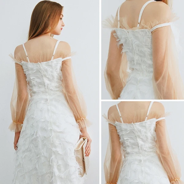 Chic / Belle Ivoire de retour Robe De Graduation 2019 Princesse De l'épaule Bretelles Spaghetti Gonflée Manches Longues Appliques En Dentelle Thé Longueur Dos Nu Robe De Ceremonie