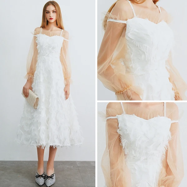 Chic / Belle Ivoire de retour Robe De Graduation 2019 Princesse De l'épaule Bretelles Spaghetti Gonflée Manches Longues Appliques En Dentelle Thé Longueur Dos Nu Robe De Ceremonie
