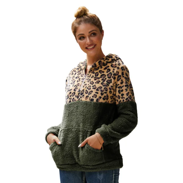 Comfortable Women Khaki Tops Leopard Hoodies 2021 Plush Loose Hooded Long Sleeve Casual Fall Winter Sweatshirts