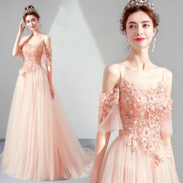 Elegante Parel Roze Avondjurken 2019 A Lijn Spaghettibandjes 1 2 Mouwen Appliques Kant Parel Rhinestone Sweep Trein Ruche Ruglooze Gelegenheid Jurken