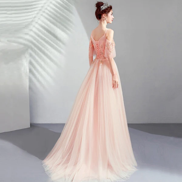 Élégant Perle Rose Robe De Soirée 2019 Princesse Bretelles Spaghetti 1/2 Manches Appliques En Dentelle Perle Faux Diamant Train De Balayage Volants Dos Nu Robe De Ceremonie