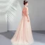 Élégant Perle Rose Robe De Soirée 2019 Princesse Bretelles Spaghetti 1/2 Manches Appliques En Dentelle Perle Faux Diamant Train De Balayage Volants Dos Nu Robe De Ceremonie