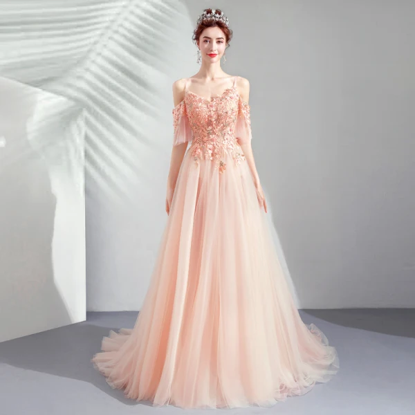 Élégant Perle Rose Robe De Soirée 2019 Princesse Bretelles Spaghetti 1/2 Manches Appliques En Dentelle Perle Faux Diamant Train De Balayage Volants Dos Nu Robe De Ceremonie