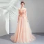 Élégant Perle Rose Robe De Soirée 2019 Princesse Bretelles Spaghetti 1/2 Manches Appliques En Dentelle Perle Faux Diamant Train De Balayage Volants Dos Nu Robe De Ceremonie