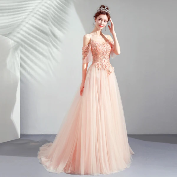Élégant Perle Rose Robe De Soirée 2019 Princesse Bretelles Spaghetti 1/2 Manches Appliques En Dentelle Perle Faux Diamant Train De Balayage Volants Dos Nu Robe De Ceremonie
