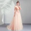 Élégant Perle Rose Robe De Soirée 2019 Princesse Bretelles Spaghetti 1/2 Manches Appliques En Dentelle Perle Faux Diamant Train De Balayage Volants Dos Nu Robe De Ceremonie
