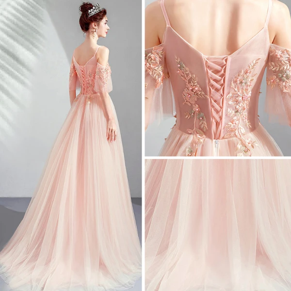 Élégant Perle Rose Robe De Soirée 2019 Princesse Bretelles Spaghetti 1/2 Manches Appliques En Dentelle Perle Faux Diamant Train De Balayage Volants Dos Nu Robe De Ceremonie