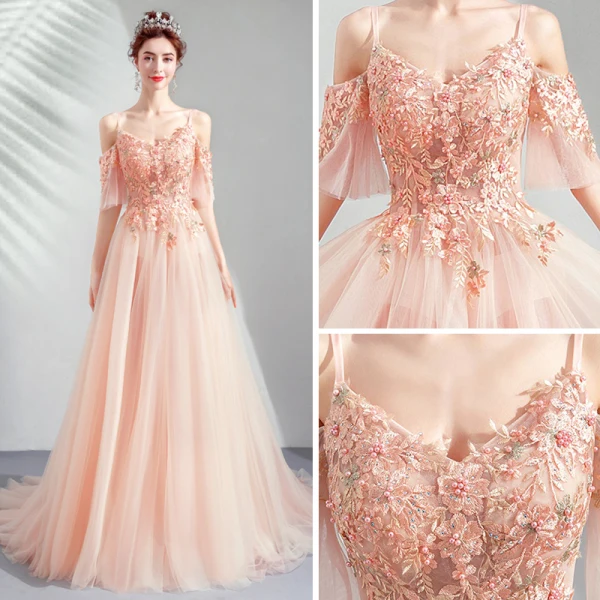 Élégant Perle Rose Robe De Soirée 2019 Princesse Bretelles Spaghetti 1/2 Manches Appliques En Dentelle Perle Faux Diamant Train De Balayage Volants Dos Nu Robe De Ceremonie
