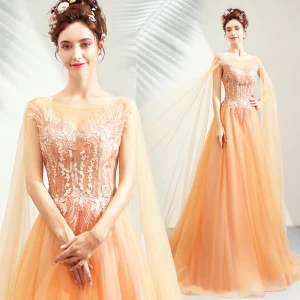 Fine Orange Selskapskjoler 2019 Prinsesse Scoop Halsen Langermede Appliques Blonder Perle Feie Tog Buste Ryggløse Formelle Kjoler