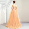 Chic / Beautiful Orange Evening Dresses  2019 A-Line / Princess Scoop Neck Long Sleeve Appliques Lace Pearl Sweep Train Ruffle Backless Formal Dresses