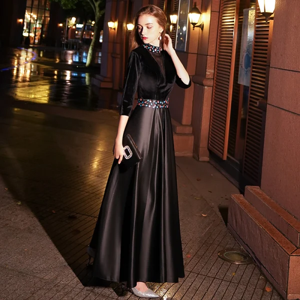 Modern / Fashion Black See-through Suede Evening Dresses 2019 A-Line /  Princess High Neck 3/4
