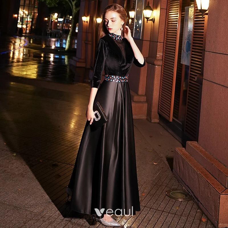 Modern / Fashion Black See-through Suede Evening Dresses 2019 A-Line /  Princess High Neck 3/4 Sleeve Crystal Floor-Length / Long Ruffle Satin Formal  Dresses