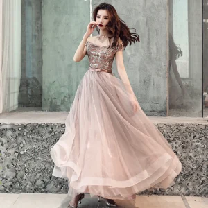 Affordable Chocolate Evening Dresses 2019 A Line Princess Off The Shoulder Short Sleeve Appliques Lace Bow Sash Floor Length Long Ruffle Backless Formal Dresses