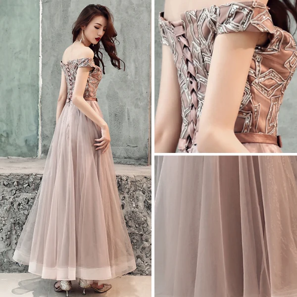 Abordable Chocolat Robe De Soirée 2019 Princesse De l'épaule Manches Courtes Appliques En Dentelle Noeud Ceinture Longue Volants Dos Nu Robe De Ceremonie