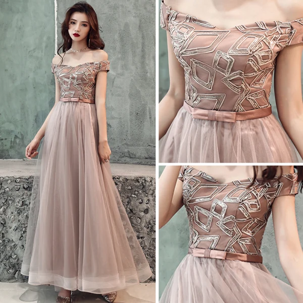 Abordable Chocolat Robe De Soirée 2019 Princesse De l'épaule Manches Courtes Appliques En Dentelle Noeud Ceinture Longue Volants Dos Nu Robe De Ceremonie