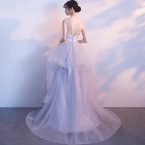 Chic Beautiful Sky Blue Evening Dresses 2018 A Line Princess Scoop Neck Sleeveless Appliques Lace Sequins Beading Sweep Train Cascading Ruffles Backless Formal Dresses