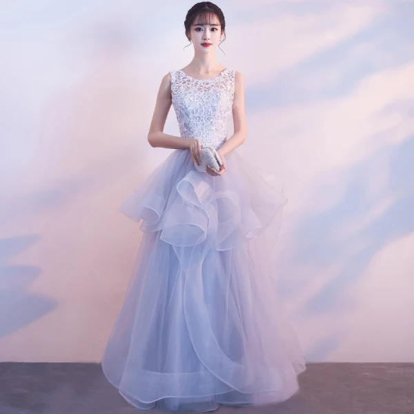 Chic / Belle Bleu Ciel Robe De Soirée 2018 Princesse Encolure Dégagée Sans Manches Appliques En Dentelle Paillettes Perlage Train De Balayage Volants en Cascade Dos Nu Robe De Ceremonie