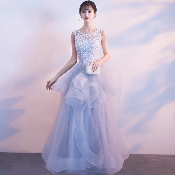 Chic / Belle Bleu Ciel Robe De Soirée 2018 Princesse Encolure Dégagée Sans Manches Appliques En Dentelle Paillettes Perlage Train De Balayage Volants en Cascade Dos Nu Robe De Ceremonie