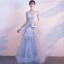 Chic / Belle Bleu Ciel Robe De Soirée 2018 Princesse Encolure Dégagée Sans Manches Appliques En Dentelle Paillettes Perlage Train De Balayage Volants en Cascade Dos Nu Robe De Ceremonie