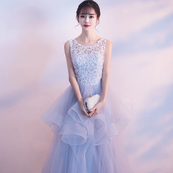 Chic / Belle Bleu Ciel Robe De Soirée 2018 Princesse Encolure Dégagée Sans Manches Appliques En Dentelle Paillettes Perlage Train De Balayage Volants en Cascade Dos Nu Robe De Ceremonie