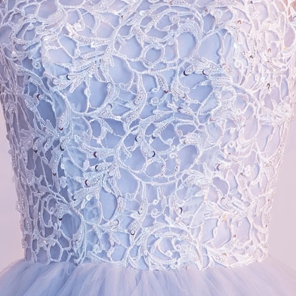 Chic / Belle Bleu Ciel Robe De Soirée 2018 Princesse Encolure Dégagée Sans Manches Appliques En Dentelle Paillettes Perlage Train De Balayage Volants en Cascade Dos Nu Robe De Ceremonie