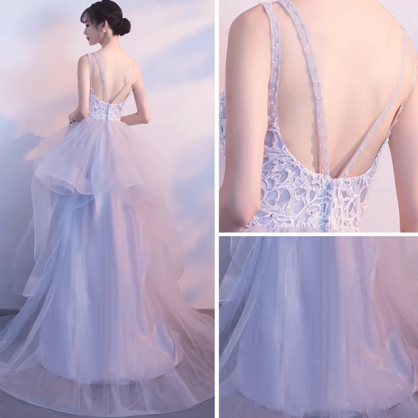 Chic / Belle Bleu Ciel Robe De Soirée 2018 Princesse Encolure Dégagée Sans Manches Appliques En Dentelle Paillettes Perlage Train De Balayage Volants en Cascade Dos Nu Robe De Ceremonie