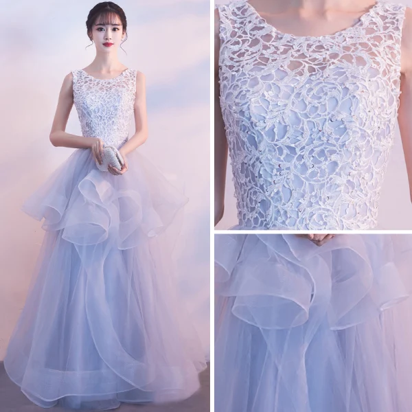 Chic / Belle Bleu Ciel Robe De Soirée 2018 Princesse Encolure Dégagée Sans Manches Appliques En Dentelle Paillettes Perlage Train De Balayage Volants en Cascade Dos Nu Robe De Ceremonie