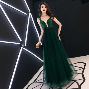 Sexy Vert Jade Robe De Soirée 2019 Princesse V Cou Bretelles Spaghetti Sans Manches Noeud Ceinture Longue Volants Dos Nu Robe De Ceremonie