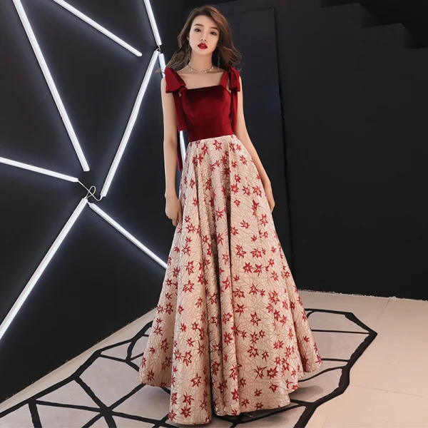 embroidered fancy dresses V Neck Lace Floral Embroidery Long Prom Dresses ARD2252 main image 1