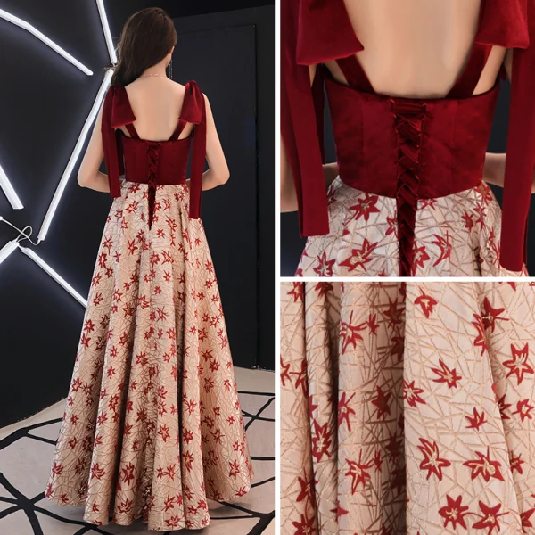 Moderne / Mode Bordeaux Robe De Soirée 2019 Princesse épaules Sans Manches Brodé Fleur Longue Volants Dos Nu Robe De Ceremonie