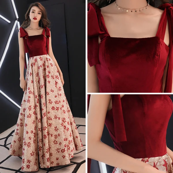 Moderne / Mode Bordeaux Robe De Soirée 2019 Princesse épaules Sans Manches Brodé Fleur Longue Volants Dos Nu Robe De Ceremonie
