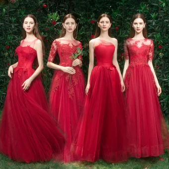 Élégant Rouge Robe Demoiselle D Honneur 2019 Princesse Appliques En Dentelle Perlage Longue Volants Robe Pour Mariage