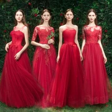 Elegant Rød Brudepikekjoler 2019 Prinsesse Appliques Blonder Beading Lange Buste Kjoler Til Bryllup