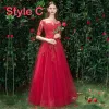 Elegant Red Bridesmaid Dresses 2019 A-Line / Princess Appliques Lace Beading Floor-Length / Long Ruffle Wedding Party Dresses