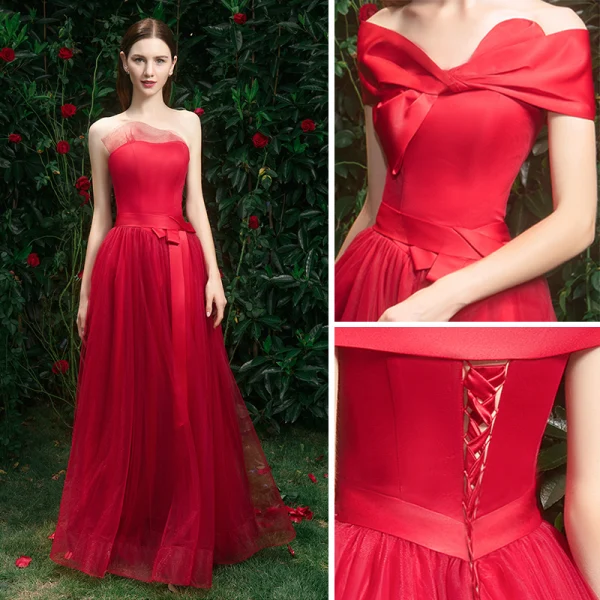 Elegante Rot Brautjungfernkleider 2019 A Linie Applikationen Spitze Perlenstickerei Lange Rüschen Kleider Für Hochzeit