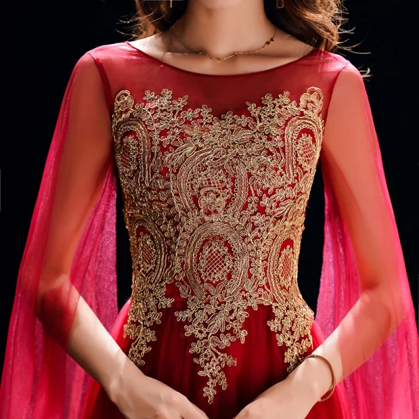 Chic / Beautiful Burgundy See-through Evening Dresses  2019 A-Line / Princess Scoop Neck Long Sleeve Gold Appliques Lace Floor-Length / Long Ruffle Backless Formal Dresses