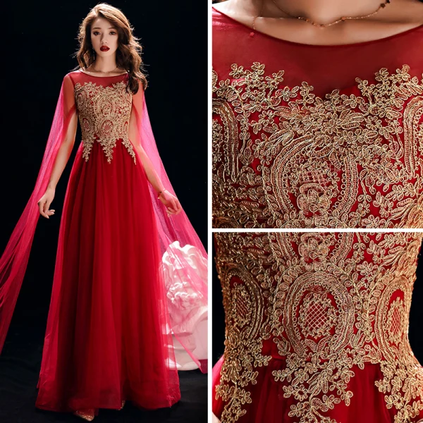 Chic / Beautiful Burgundy See-through Evening Dresses  2019 A-Line / Princess Scoop Neck Long Sleeve Gold Appliques Lace Floor-Length / Long Ruffle Backless Formal Dresses