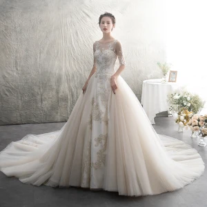 Élégant Champagne Transparentes Robe De Mariée 2019 Princesse Encolure Dégagée 1 2 Manches Appliques En Dentelle Perlage Cathedral Train Volants