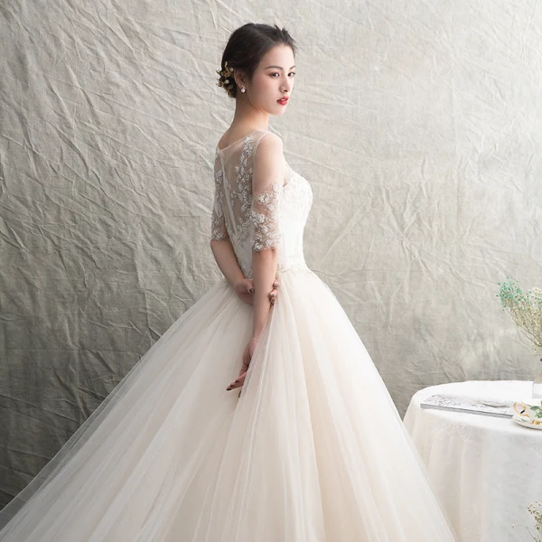 Elegant Champagne See-through Wedding Dresses 2019 A-Line / Princess Scoop Neck 1/2 Sleeves Appliques Lace Beading Cathedral Train Ruffle