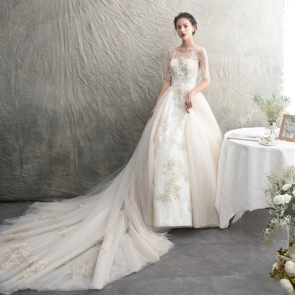 Elegant Champagne See-through Wedding Dresses 2019 A-Line / Princess Scoop Neck 1/2 Sleeves Appliques Lace Beading Cathedral Train Ruffle